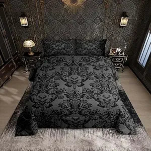 Adults Gothic Comforter Set King Size Dark Olive Green Damask Comforter Death Moth Bohemia Boho Bedding Set Goth Skull