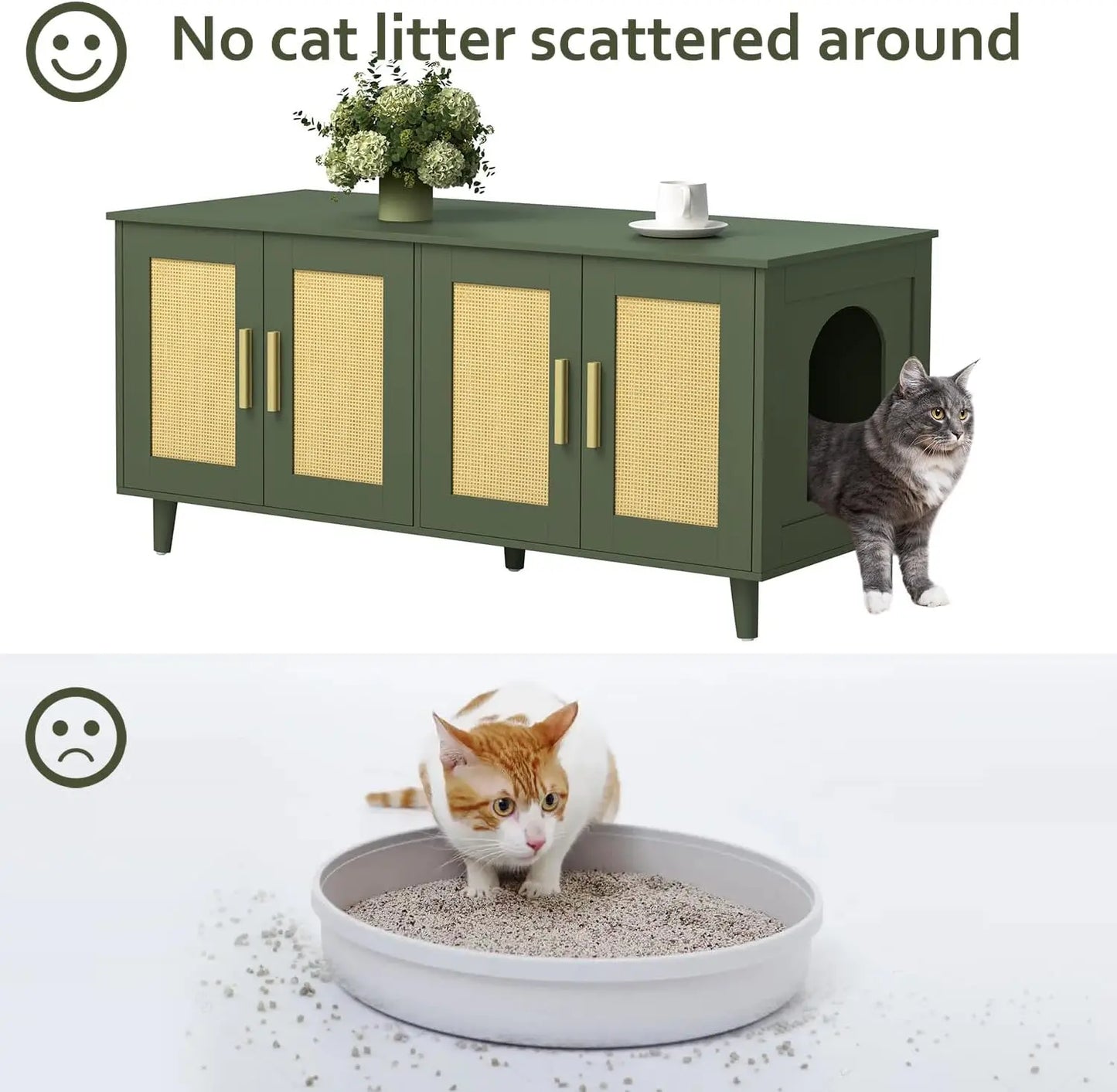 Homhedy Boho Cat Litter Box Enclosure for 2 Cats Litter Box Furniture Hidden with Double Rattan Decorated Doors,Wooden Cat