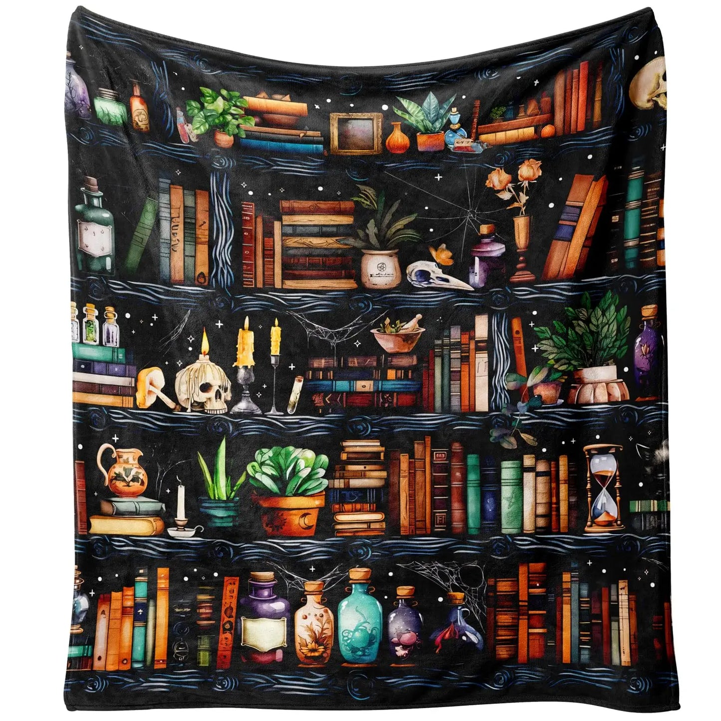 Mystic Book Lover Flannel Throw Blanket. Cozy Halloween Bookshelf, Black Cat & Potion Design