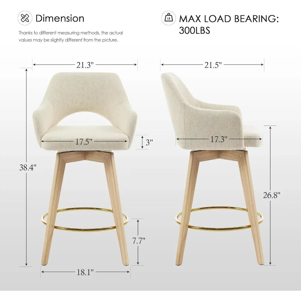 Swivel Counter Stools Set of 2, Raw Wood Tone Counter Height Bar Stools with Ergonomic Back, Soft Linen Fabric Island Chairs wi