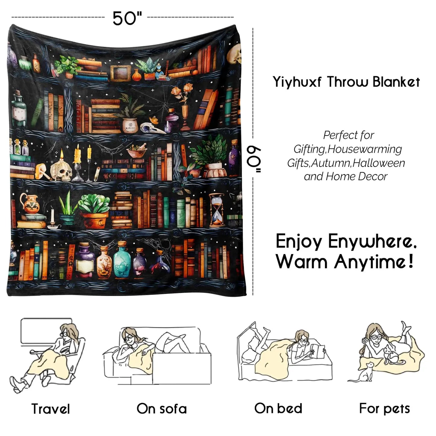 Mystic Book Lover Flannel Throw Blanket. Cozy Halloween Bookshelf, Black Cat & Potion Design