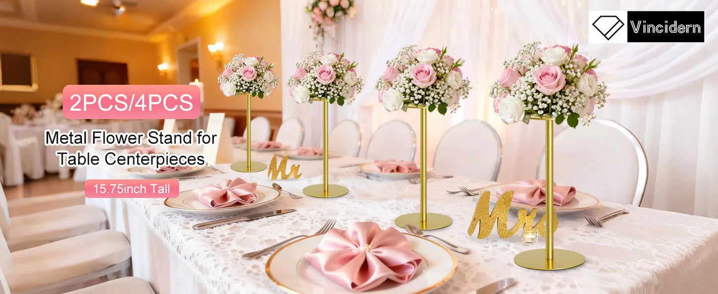 4-Piece Gold Metal Flower Stand Set . Elegant Wedding Centerpiece Stands for Floral Arrangements, Parties & Event Décor