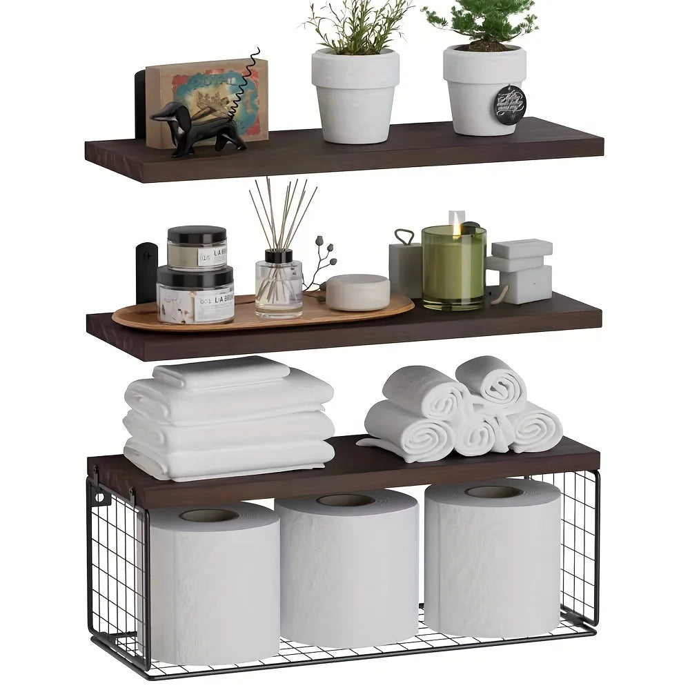 Wall Mounted Floating Shelves Triple Tier Wood Bathroom