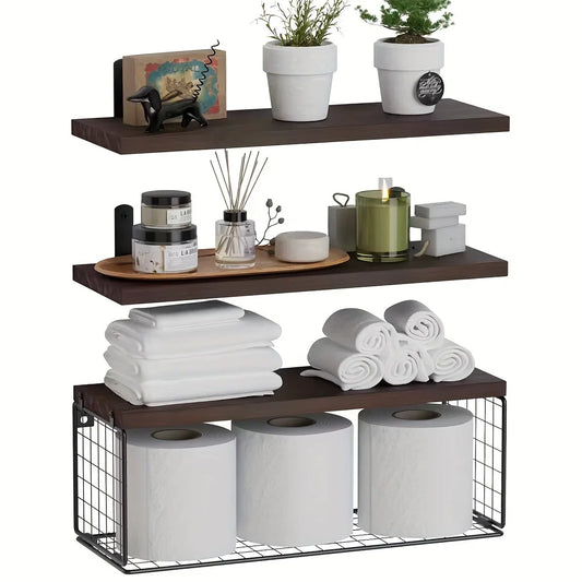 Wall Mounted Floating Shelves Triple Tier Wood Bathroom