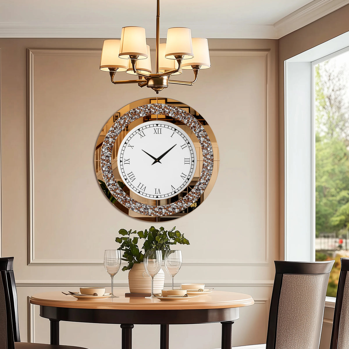 Elegant Mirrored Wall Clock – Crystal-Inspired Decorative Round Clock