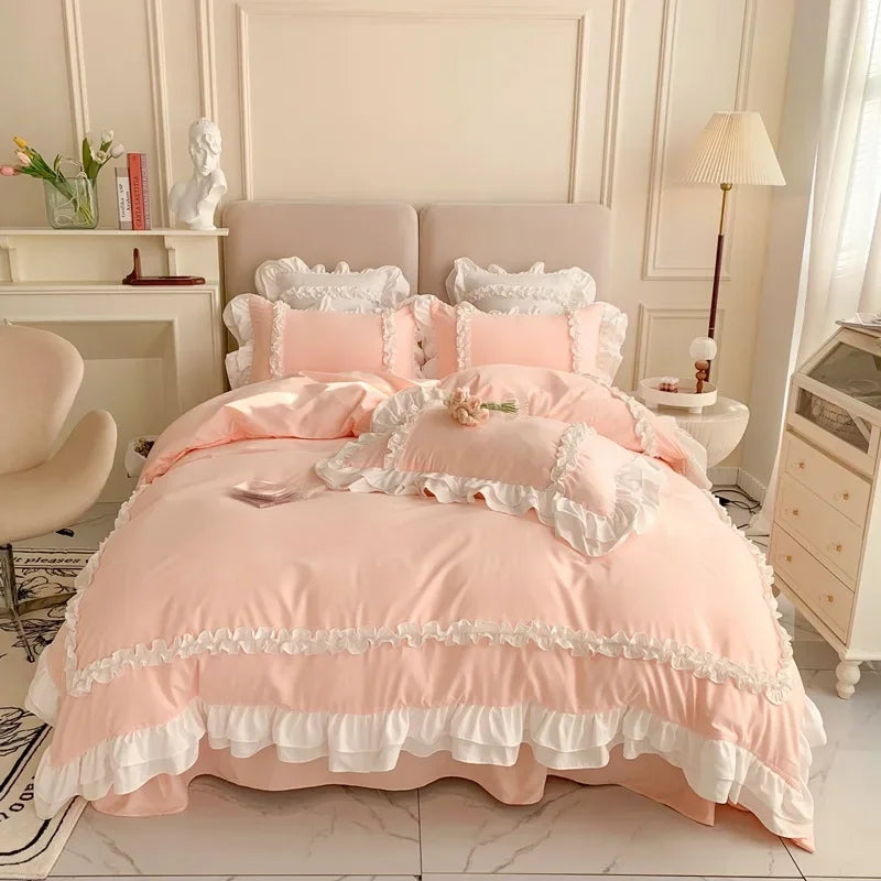 Elegant Ruffled Lace Bedding Set. Luxury Princess Style