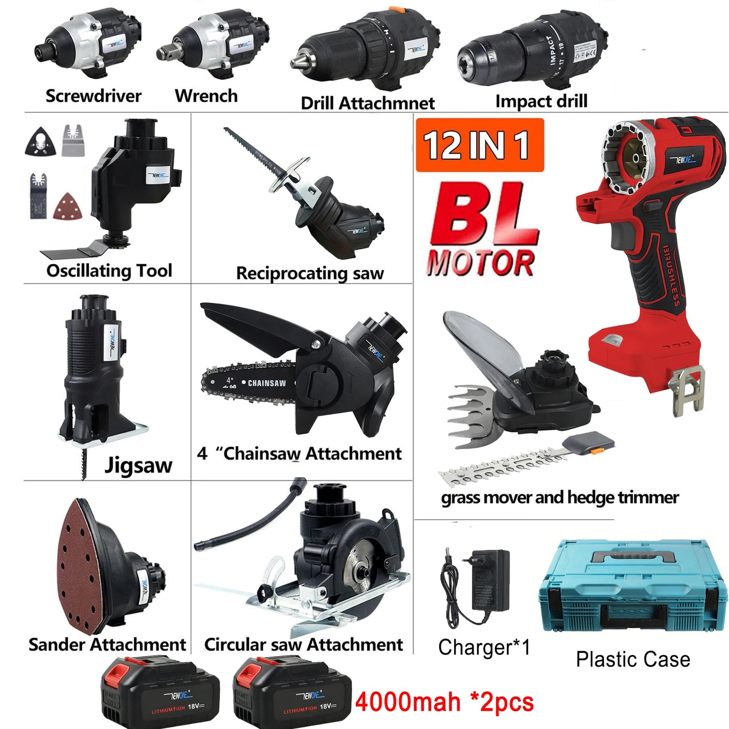 18V Brushless Multifunction Tool Combo Kit 12 in 1, Include 12 Attachment: Drill, Impatct Drill, Chainsaw