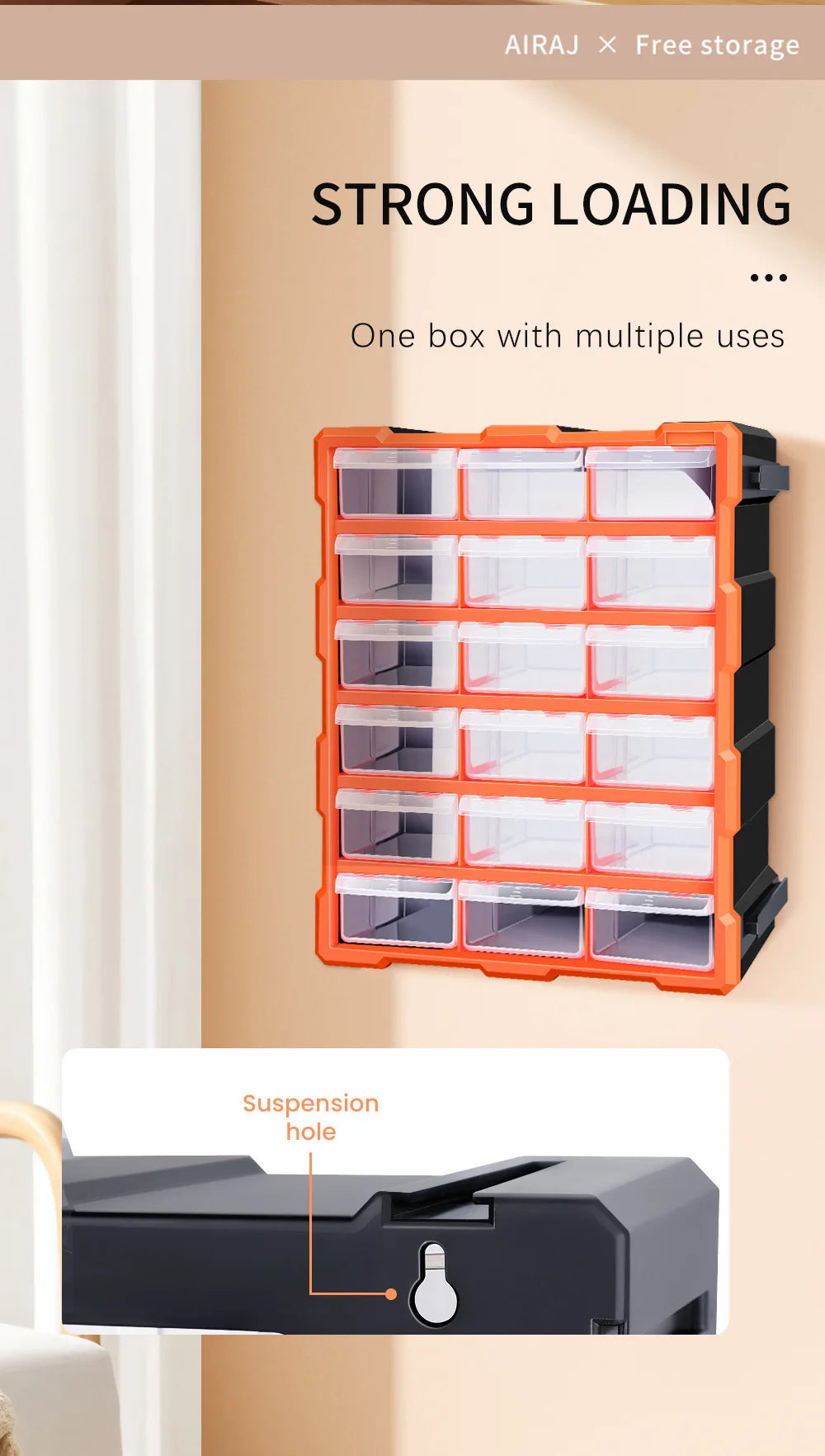 AIRAJ Multi-Drawer Storage Organizer - 18 Slots, Plastic Parts & Crafts Cabinet for Desk or Wall Mount, Ideal for Hardware, Bead