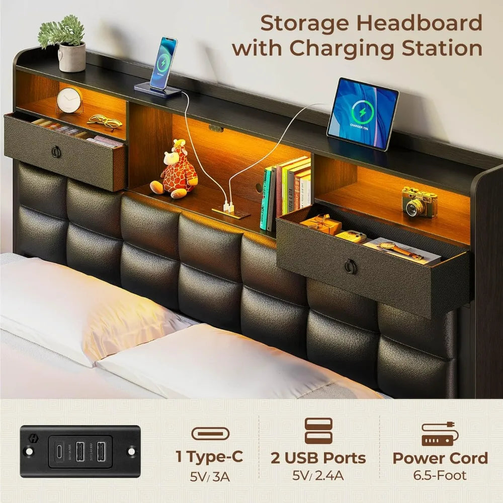 "king size upholstered bed frame with storage drawers, charging station, and led-illuminated headboard"