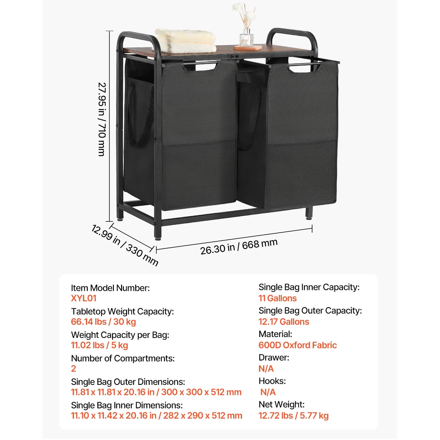 3-Section Laundry Sorter with Storage Shelf. Rolling Laundry Organizer