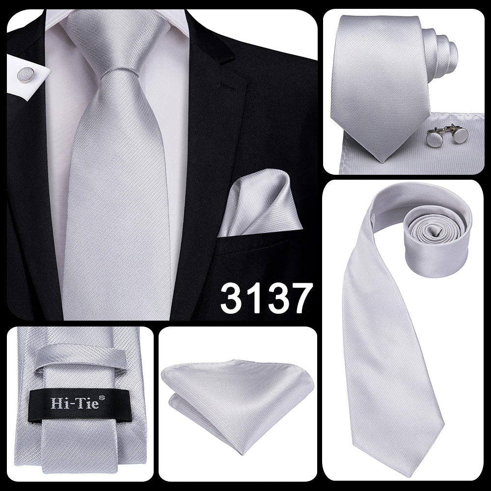 Hi-Tie Luxury Silver Men’s Necktie Set with Pocket Square & Cufflinks | Wedding, Business & Formal Events