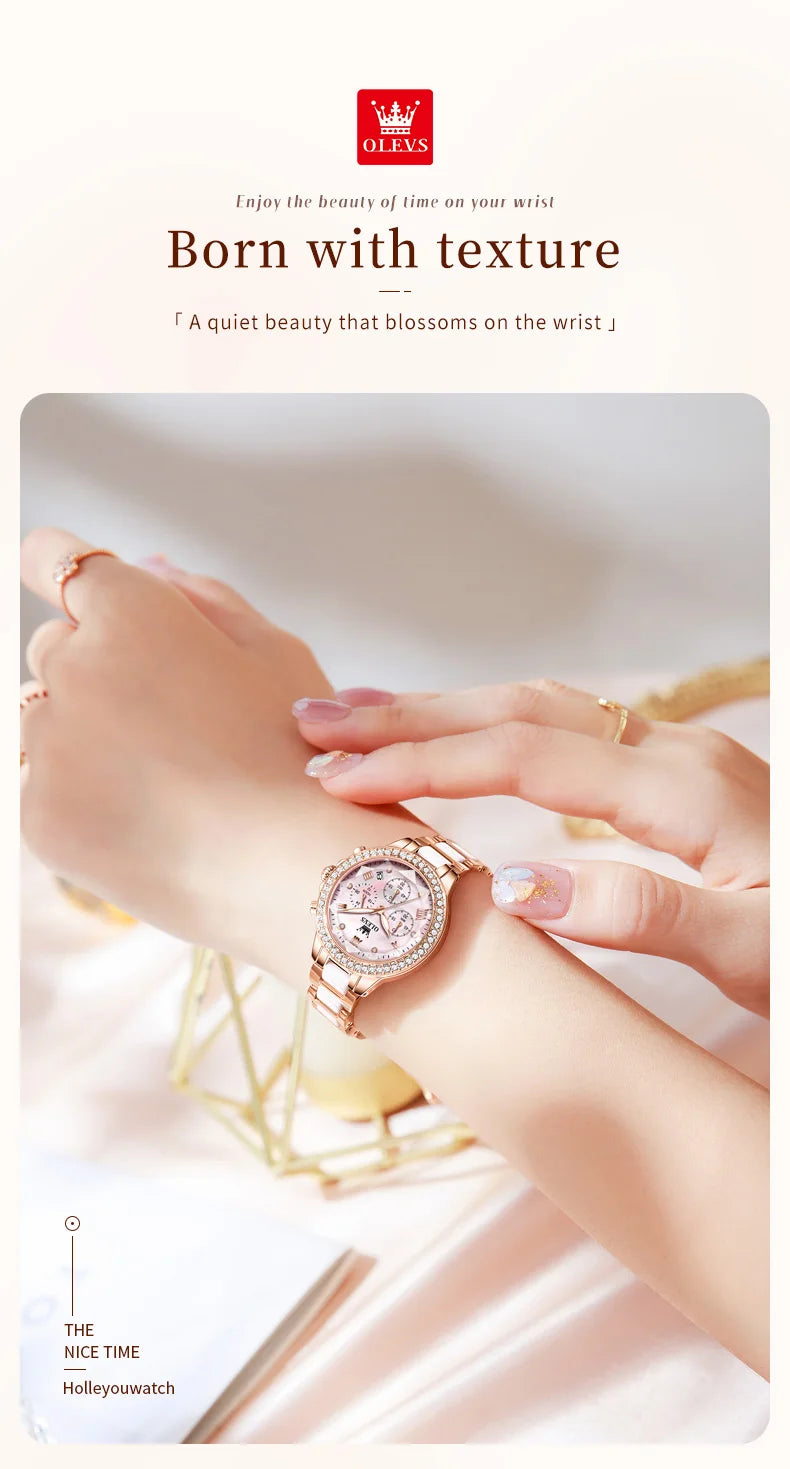 OLEVS Luxury Women’s Waterproof Chronograph Watch. Rose Gold Crystal Fashion Timepiece