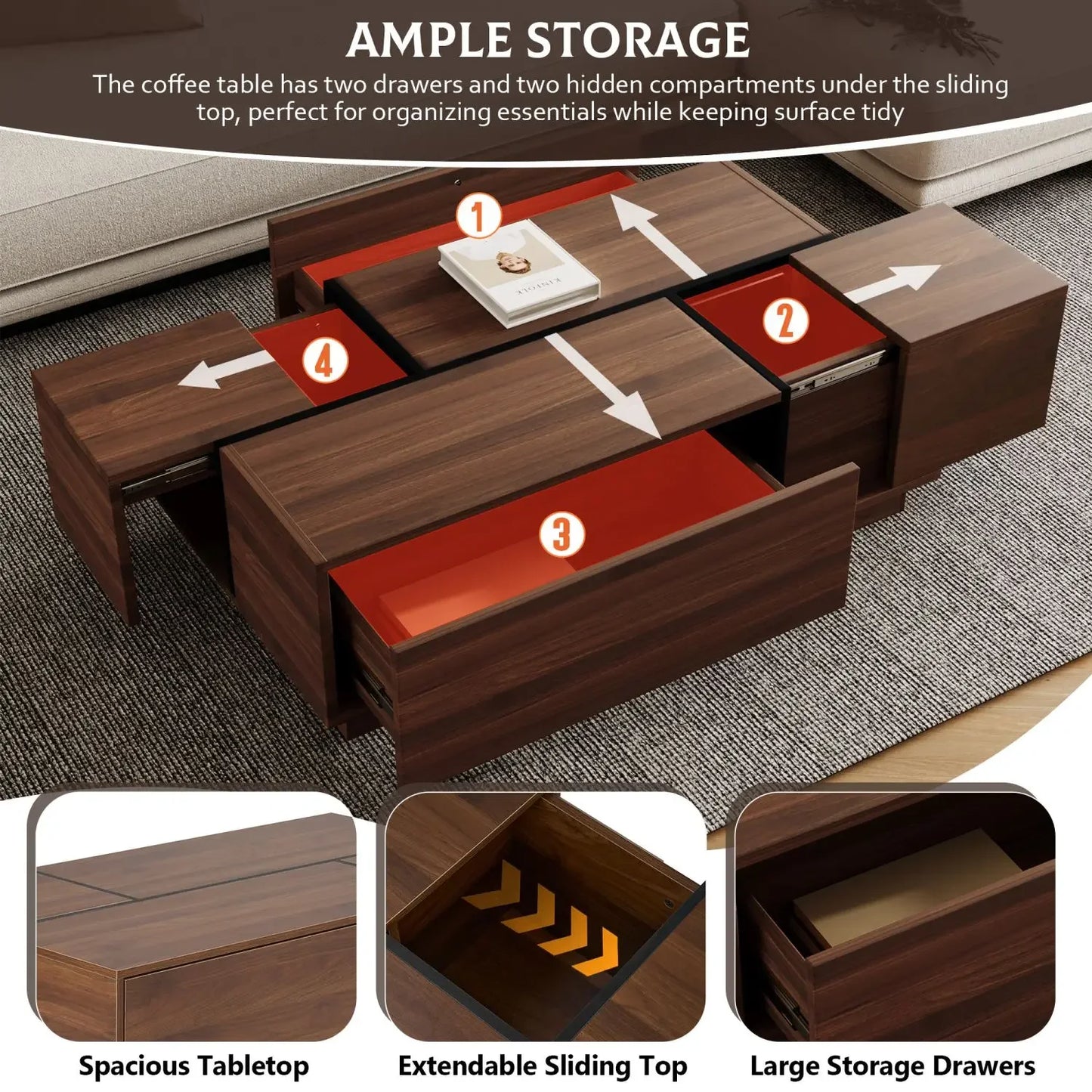 Rectangular Sliding Top Coffee Table with 2 Drawers and 2 Hidden Storage for Living Room 47.2" (Walnut),Café Tables