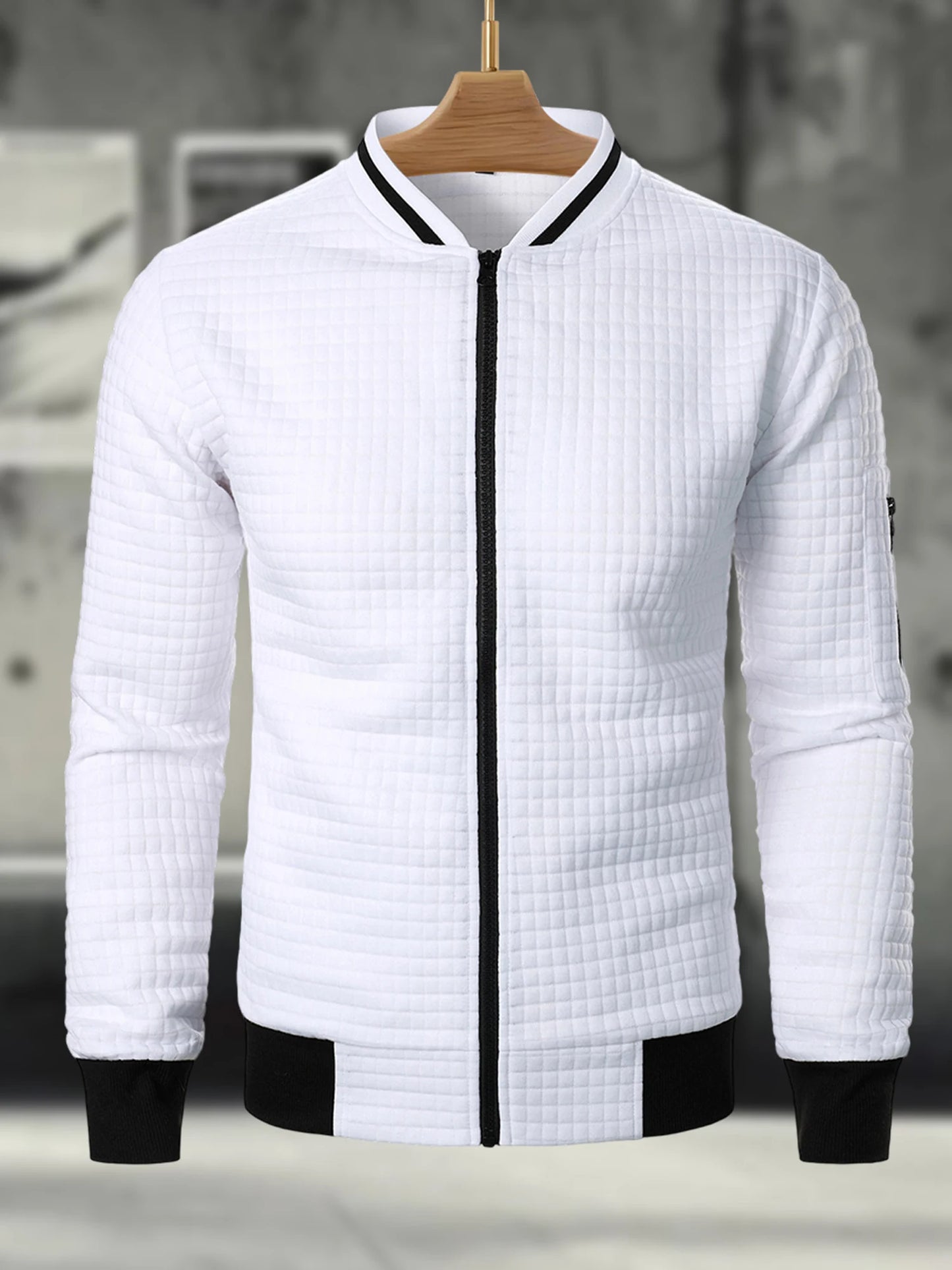 Men s Casual  Fit Zipper Up Lightweight Stand Collar Jacket Spring Fall Coat with Contrast Color Detail