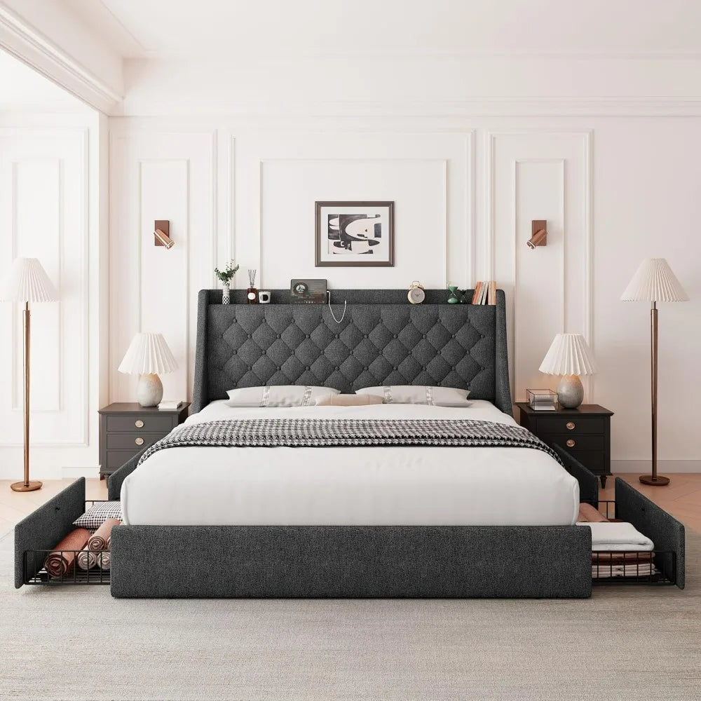 "king-size upholstered bed with 4 storage drawers, tufted wingback headboard and built-in charging station"
