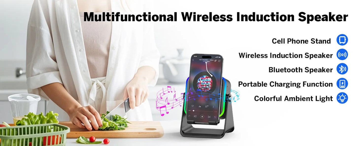 5-in-1 Wireless Charging Speaker Phone Stand with RGB Light and Bluetooth Audio