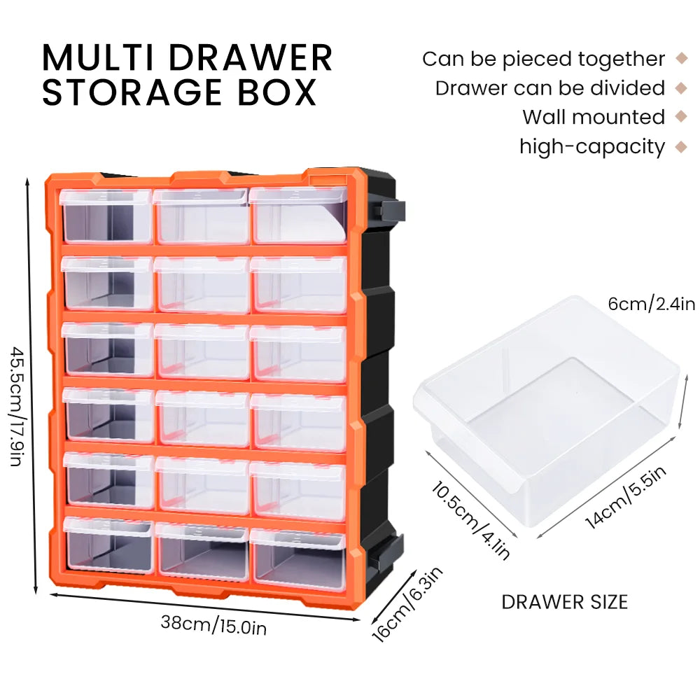 AIRAJ Multi-Drawer Storage Organizer - 18 Slots, Plastic Parts & Crafts Cabinet for Desk or Wall Mount, Ideal for Hardware, Bead