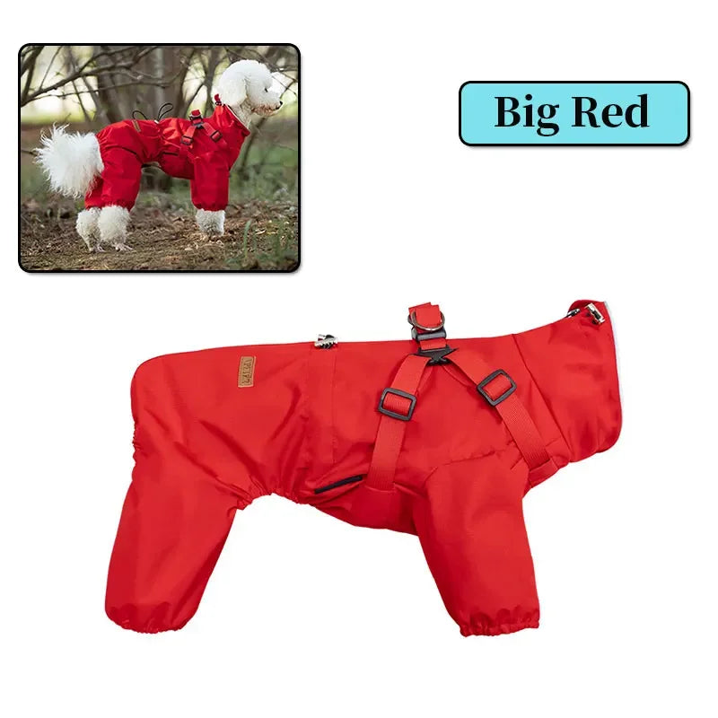 Waterproof Dog Raincoat with Harness . Reflective All-Weather Pet Jumpsuit