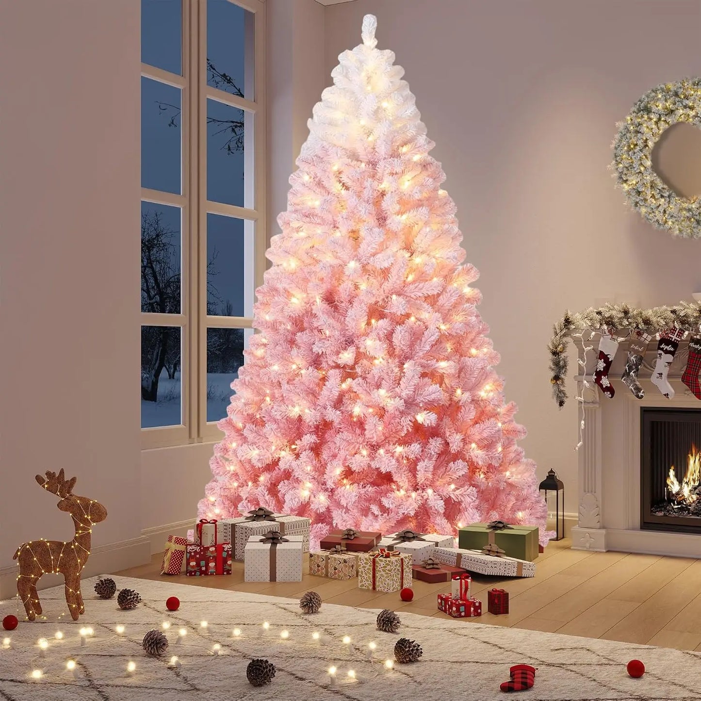 9Ft Pre-Lit Artificial Christmas Tree, 100 Warm LED Lights | Snow Flocked Full Pre Lighted Xmas Tree, 300 Branch Tips & Foldable Stand, Easy Assembly, Holiday Decor for Indoor & Outdoor