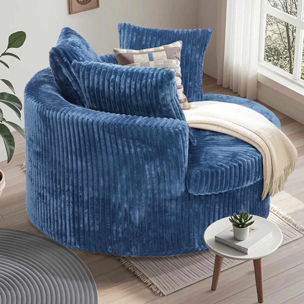 59 Inch Oversized Chaise Lounge Chair Indoor, Round Corduroy Chaise Lounge Sofa Bed with Throw Pillows and Backrest, Plush Sleep