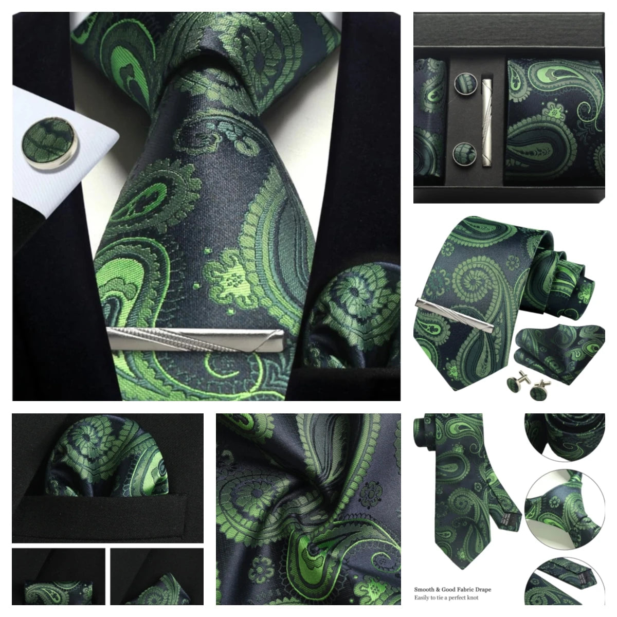 Luxury 100% Silk Paisley Floral Men’s Necktie Set | Business Tie with Matching Pocket Square & Formal Accessories