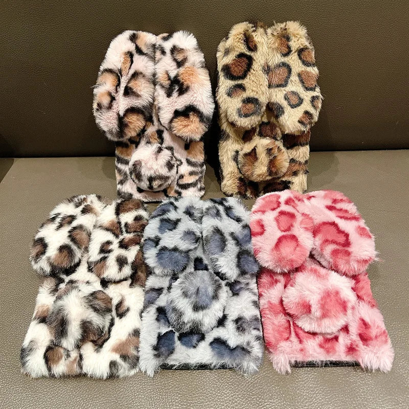Cute Plush Bunny Leopard Print iPhone Case . Soft Furry Protective Cover, Cozy Cartoon Style