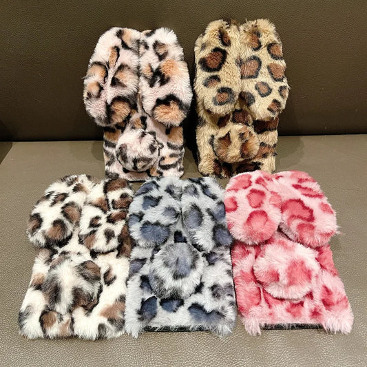 Cute Plush Bunny Leopard Print iPhone Case . Soft Furry Protective Cover, Cozy Cartoon Style