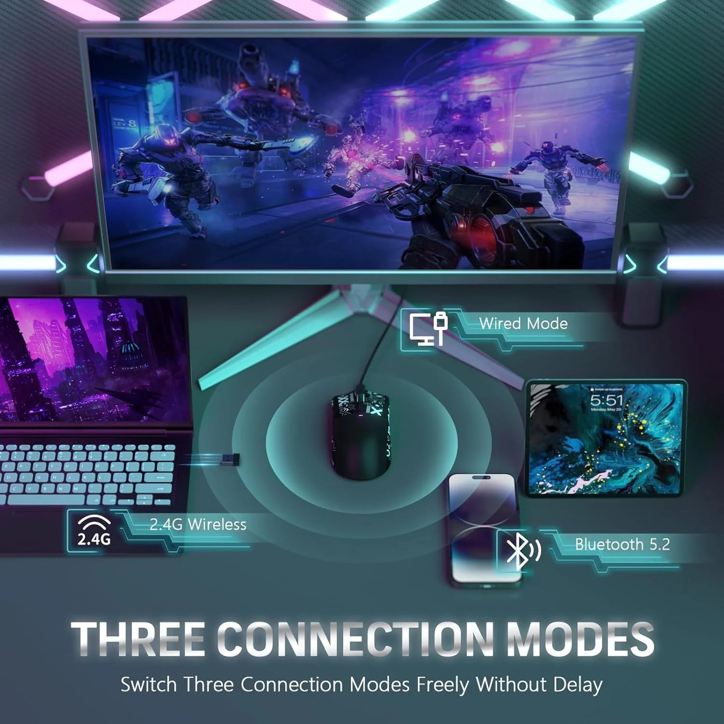 ATTACK SHARK X11 Wireless Gaming Mouse with RGB Magnetic Charging Dock, Tri-Mode Bluetooth/2.4GHz/USB-C, Ergonomic Rechargeable Mouse for PC, Mac & Laptop