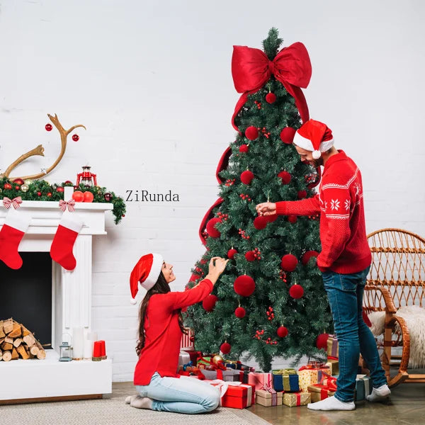 7.5 FT Pre-Lit Artificial Christmas Tree – 300 Warm White LED Lights with Red Ribbon, Holiday Home Décor & Metal Stand
