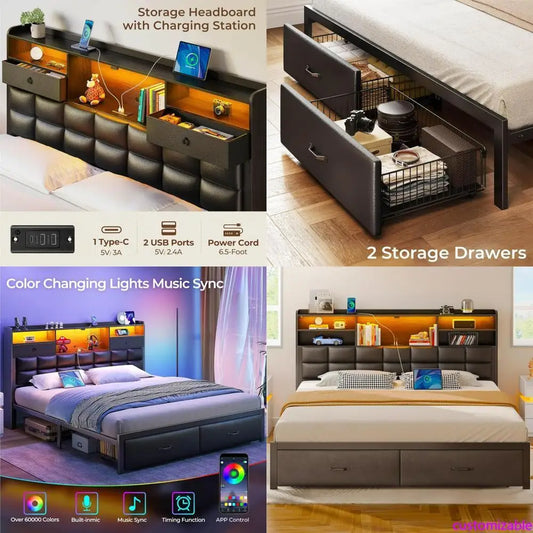"king size upholstered bed frame with storage drawers, charging station, and led-illuminated headboard"