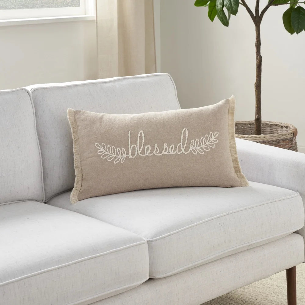 Embroidered Cotton Throw Pillow 12x21 Decorative Cushion Indoor Zip Closure Handmade Farmhouse Style