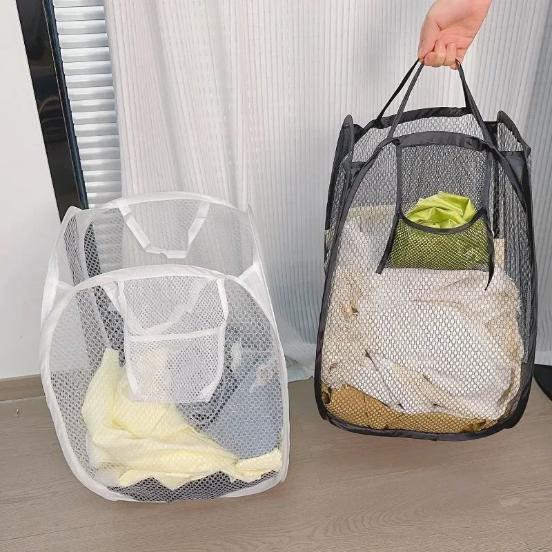 Collapsible Mesh Laundry Hamper with Carry Handles . Foldable Clothes Storage Basket