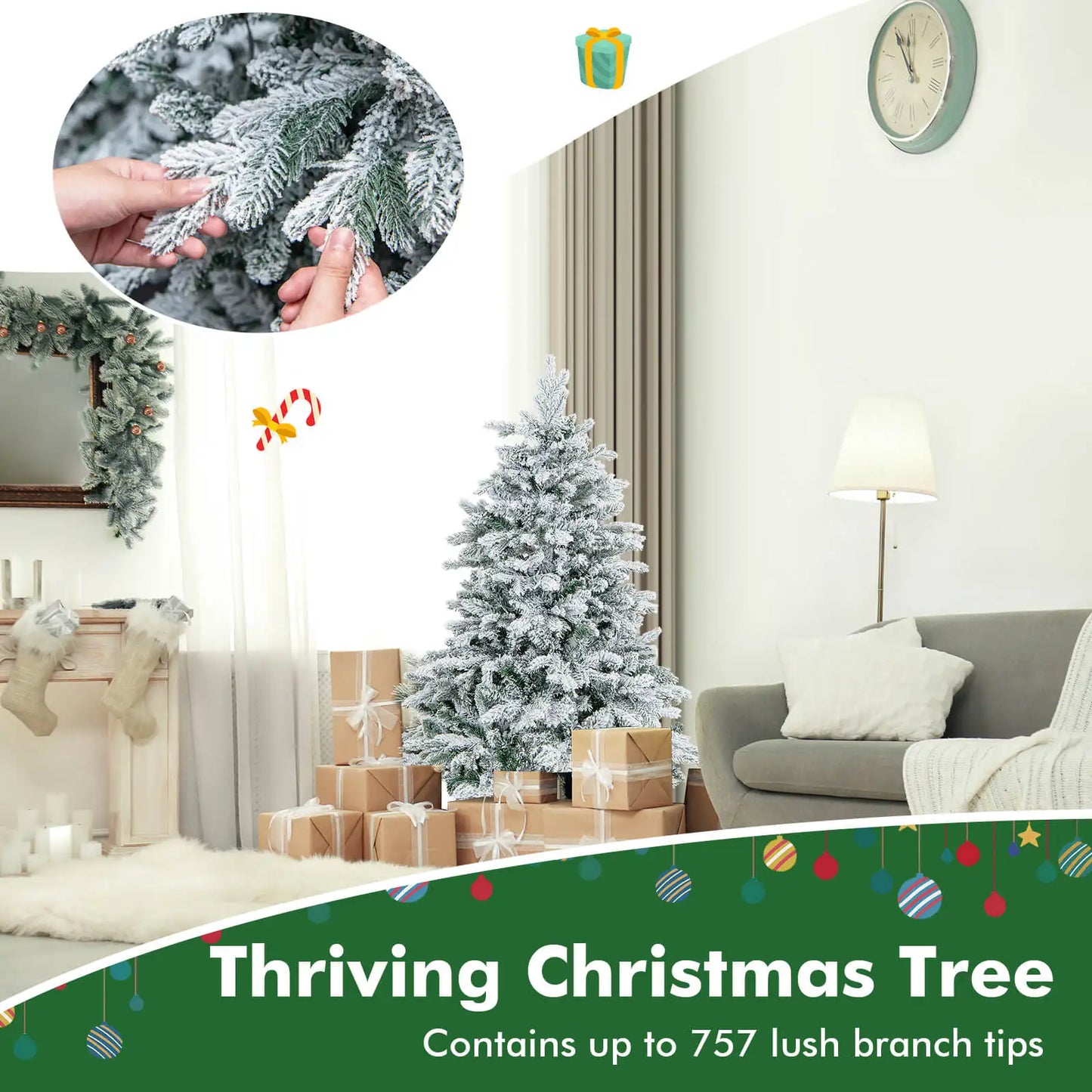 4.5FT–7FT Flocked Artificial Christmas Tree .Premium Snow-Flocked Holiday Tree with Metal Stand