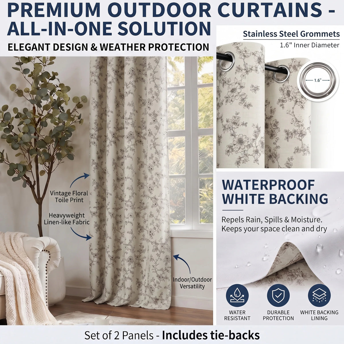 2-Panel Floral Print Blackout Curtains | Grommet Top Window Panels
