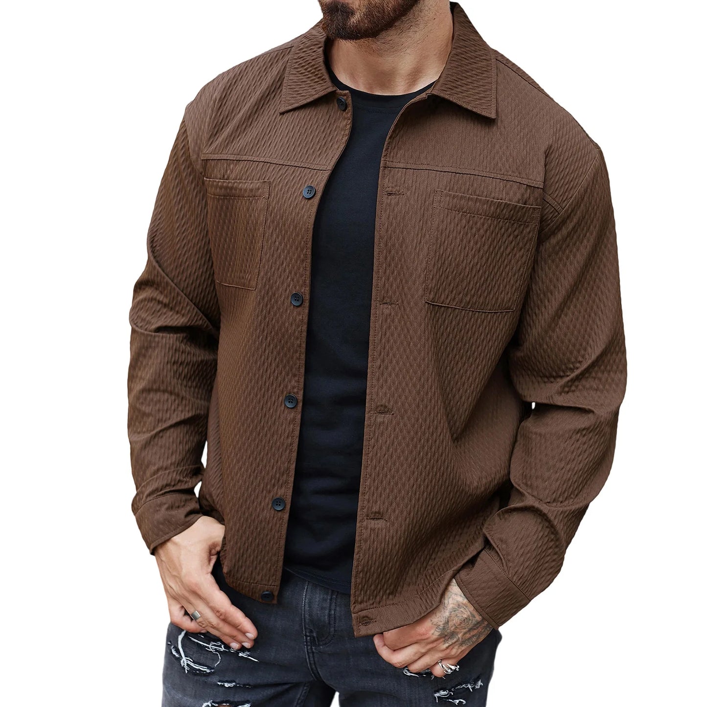 Men s Casual Shirt Jacket Regular Fit Solid Color Long Sleeve Button-up Tops Spring Fall Streetwear Fashion Outwear Coat