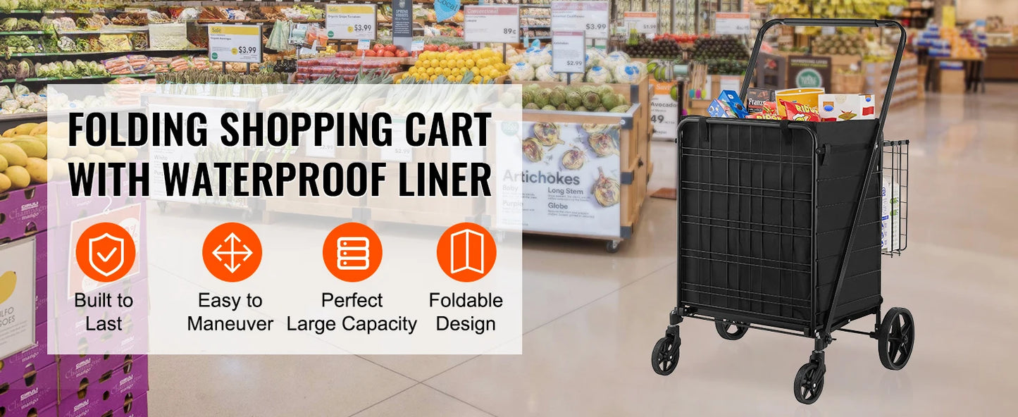 SucceBuy Folding Shopping Cart w/ Removable Waterproof Liner 106/330LBS Large Capacity 360° Swivel Wheels Dense Metal Mesh Base