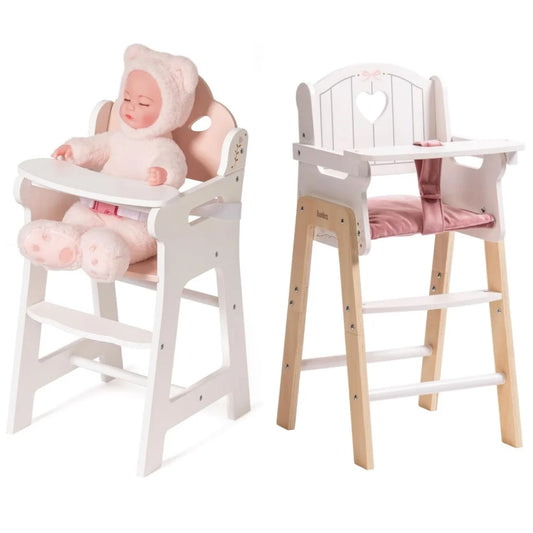Robotime Robud Doll High Chair Pretend Play High Chair with Seat Belt White Wooden Baby Doll Accessories with Movable Tabletop