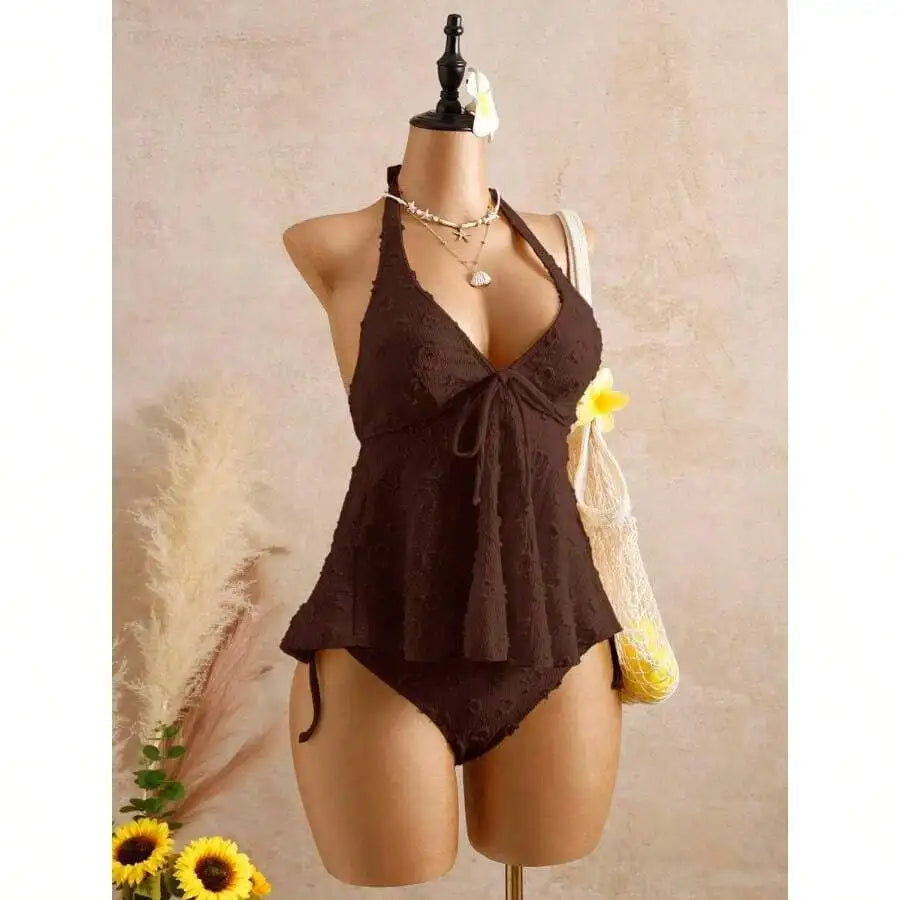 Women’s Halter Neck Swim Dress | Lace Texture One-Piece Swimsuit with Tummy Control