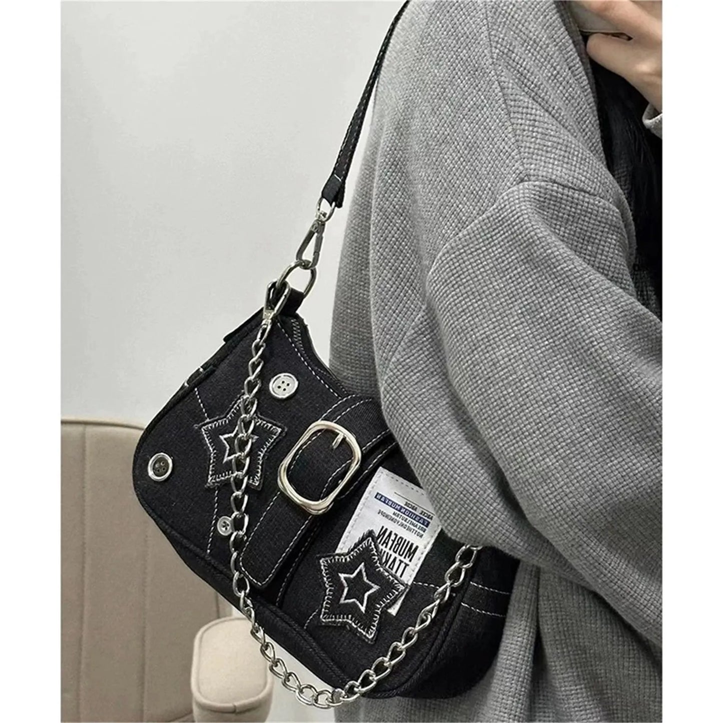 Y2k Fashion Women'S Handbags Stars Pattern Cool Girls Underarm Bag Fashion Canvas Female Small Shoulder Bags Chain Tote Purses