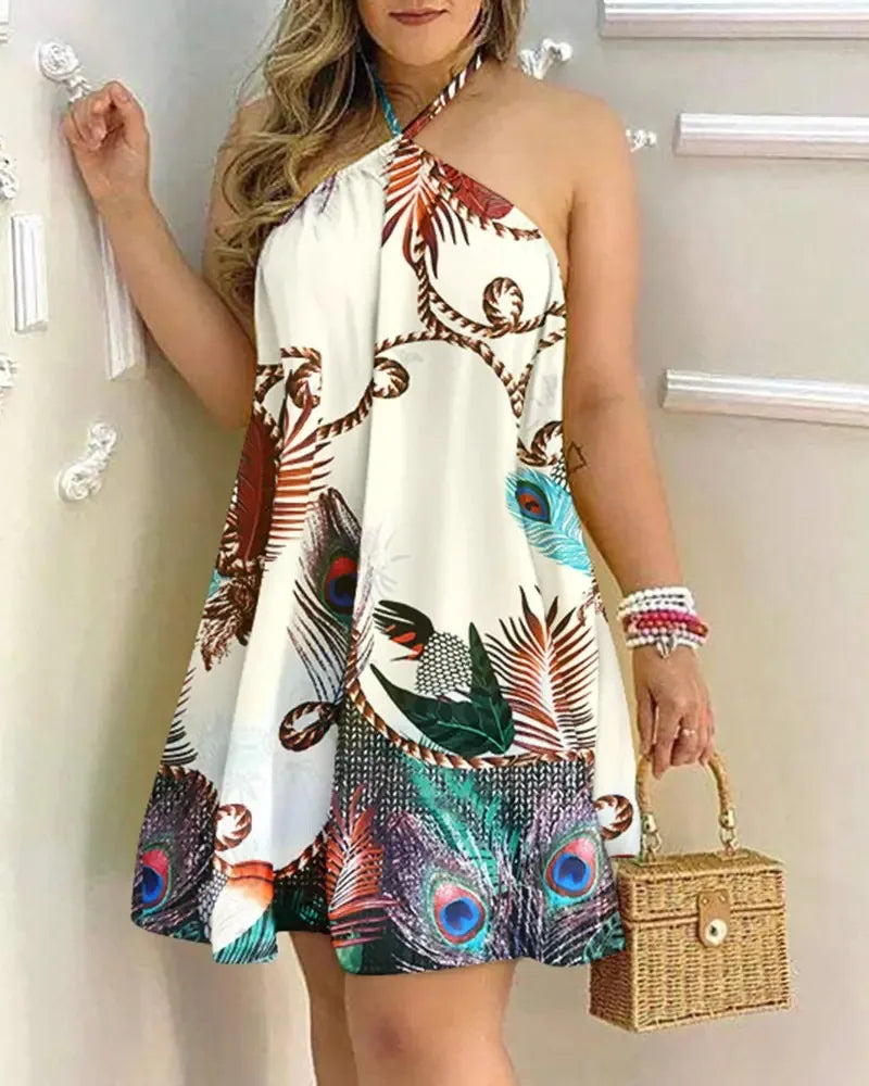 Women’s Floral Halter Neck Mini Dress | Sleeveless Summer Beach Sundress