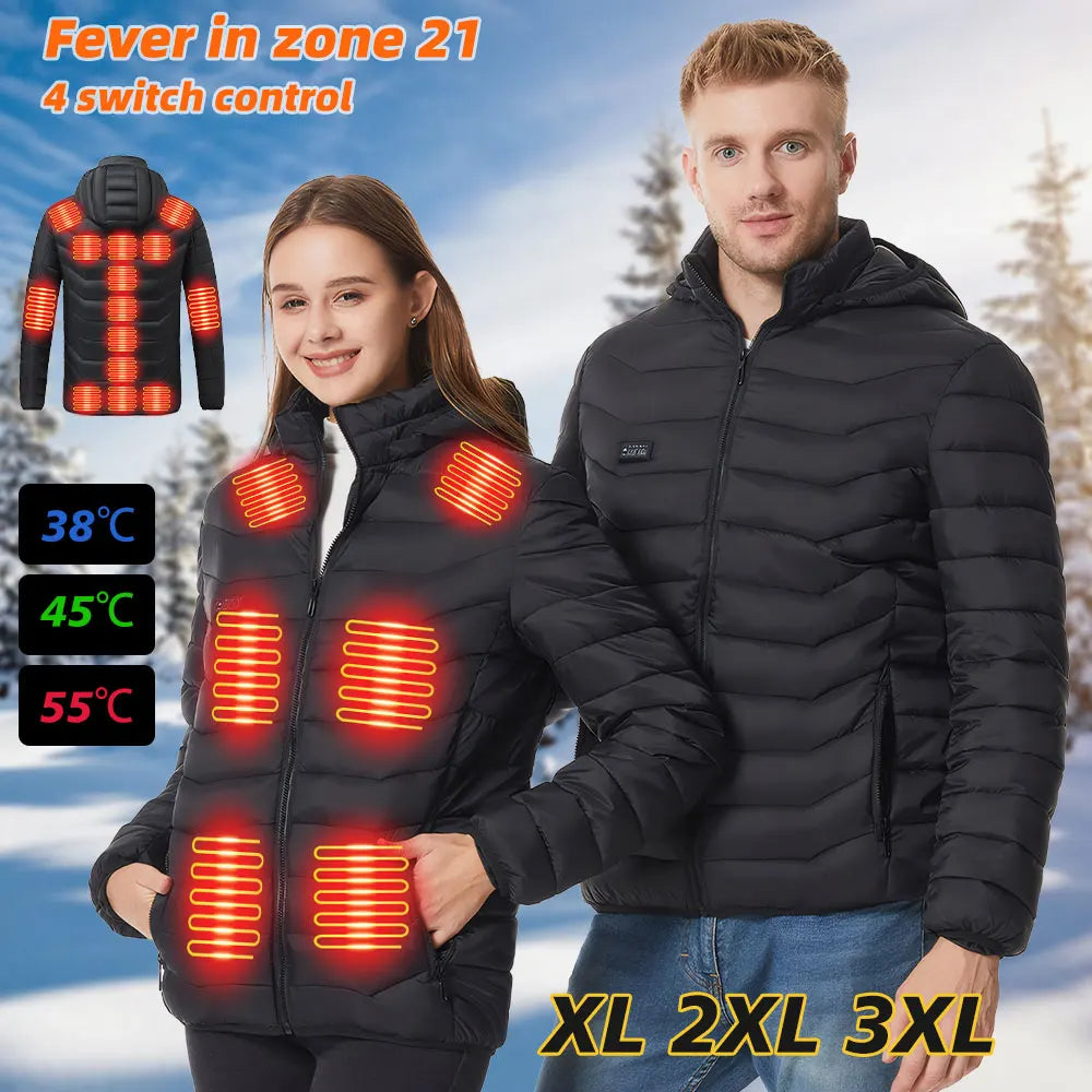 21 Areas Heating Jackets Smart Thermostat Pure Color Hooded Heated Clothing Winter USB Electric Heated Coat Self Heating Clothes