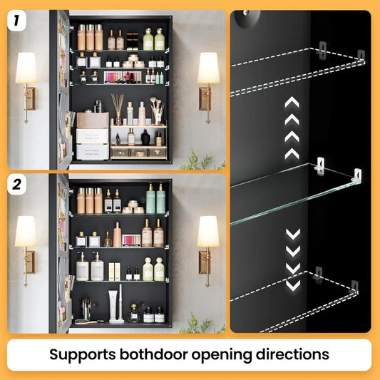 Black Medicine Cabinets for Bathroom with Mirror:20x26 Inch Small Mirrored Vanity Storage with Adjustable Shelves-Surface or Rec