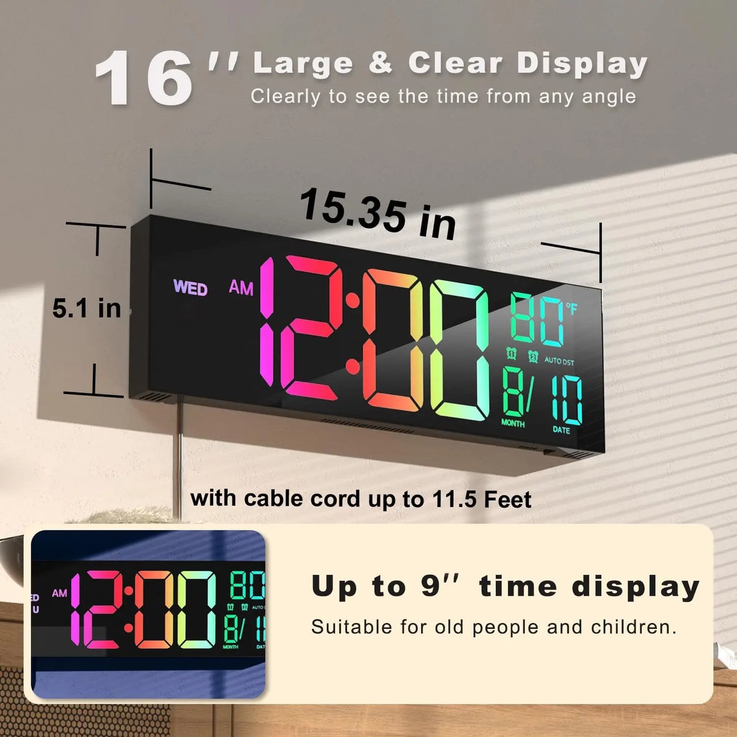 Smart RGB LED Digital Wall Clock with Remote Control & Temperature Display