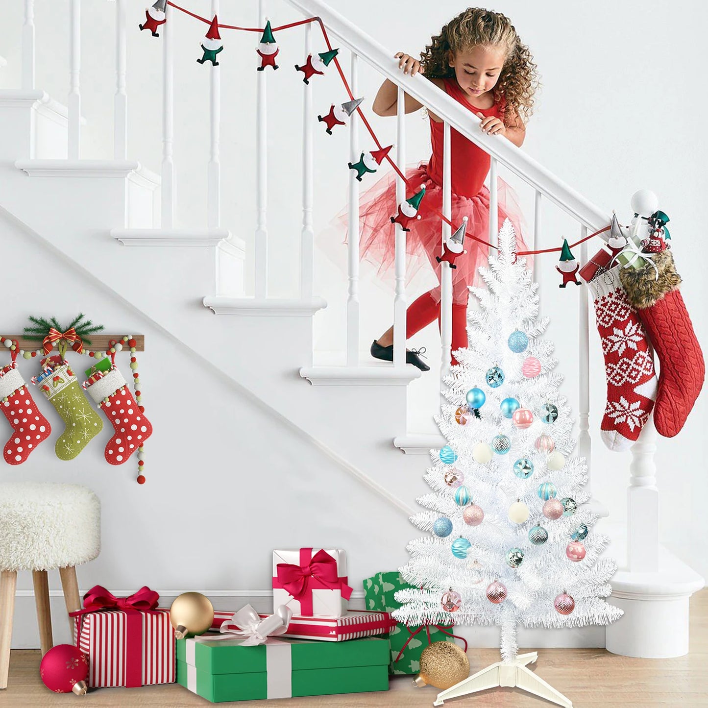 6FT Pre-Lit White Pencil Christmas Tree .Slim Space-Saving Holiday Décor with Warm Lights
