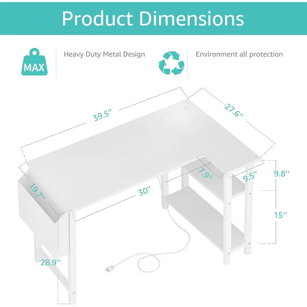 Brand new White L Shaped Computer Desk with Power Outlet Shelves, 40 Inch Small Reversible Corner Desk