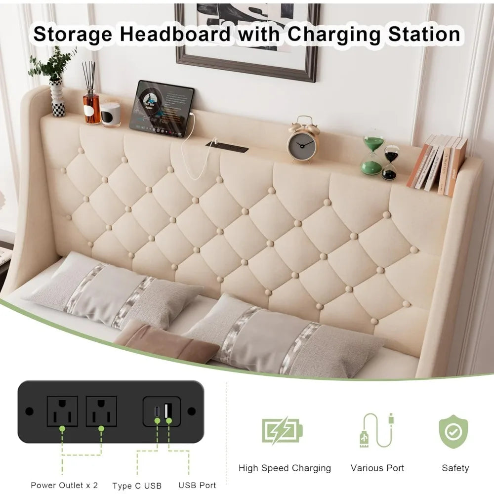 Feonase King-Size Upholstered Bed Frame with Four Storage Drawers, Wingback Headboard, and Charging Station