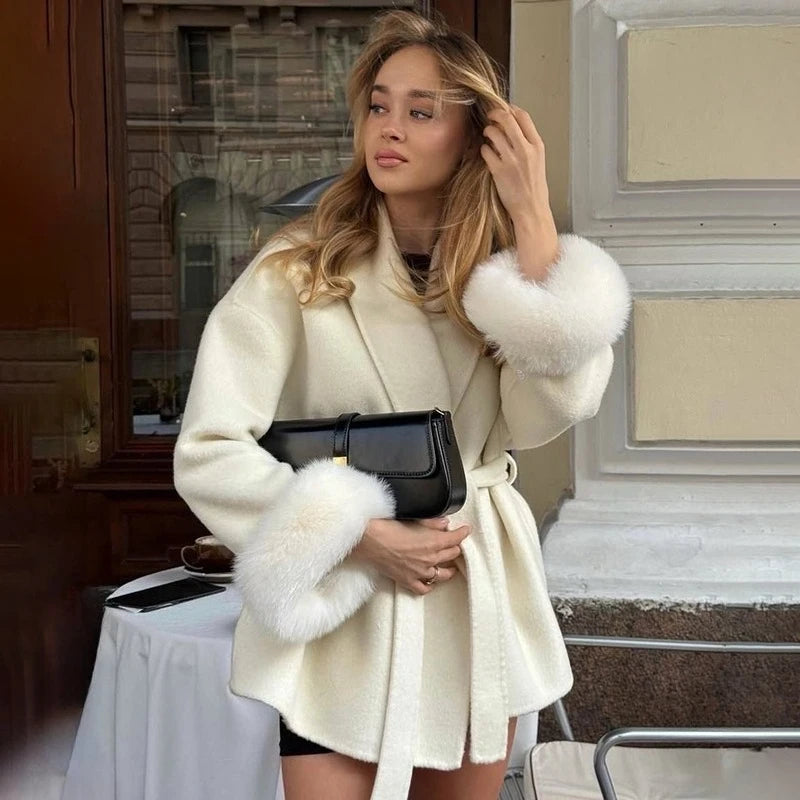 Women's Short Faux Fur Coat – Elegant Belted Winter Jacket with Shawl Collar