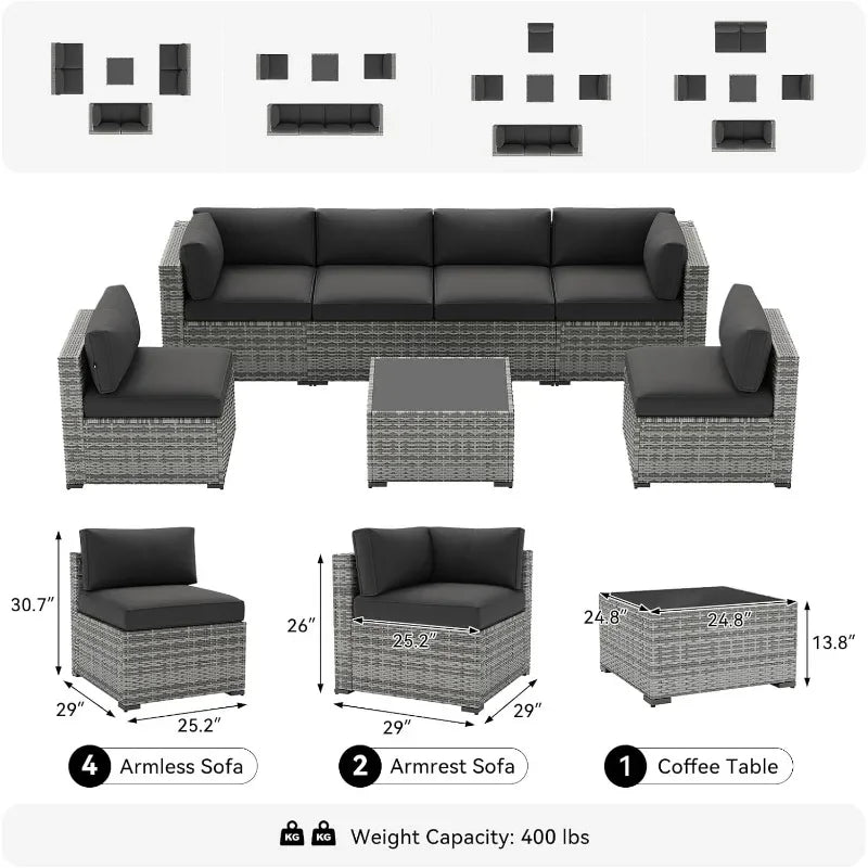 Lazy Sunsets 7 Piece Outdoor Wicker Patio Furniture Set with Cushioned Sectional Seating