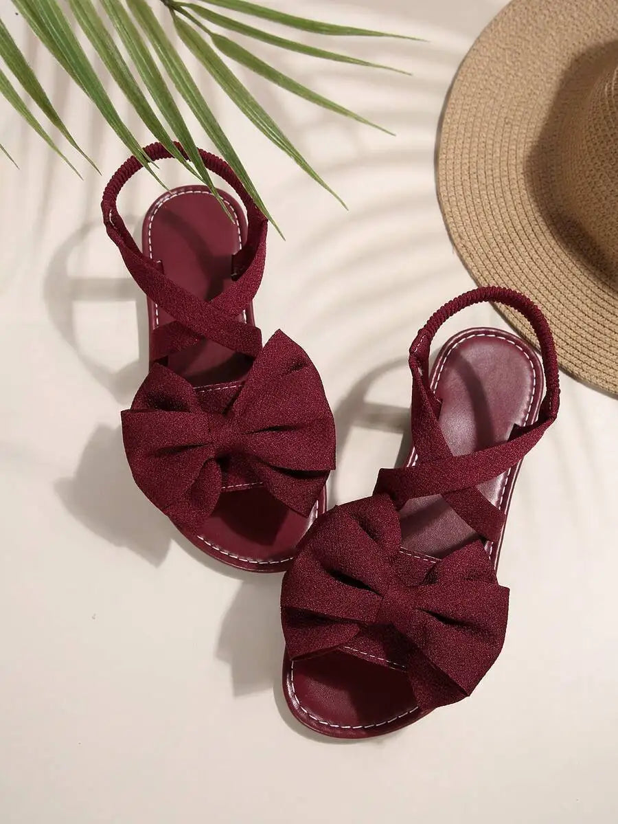 Plus Size Round Toe Criss Cross Bow Flat Sandals, Elastic Open Toe Beach Slippers Summer Casual Wear