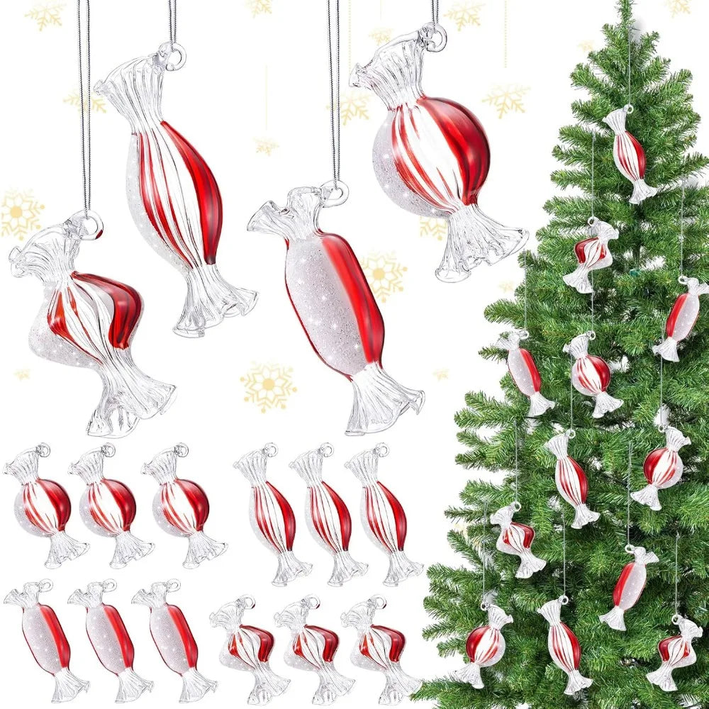 Syhood 12 Pcs Christmas Glass Candy Ornaments - Red White Candy Lollipop Hanging Ornaments for Xmas Tree Party Decoration